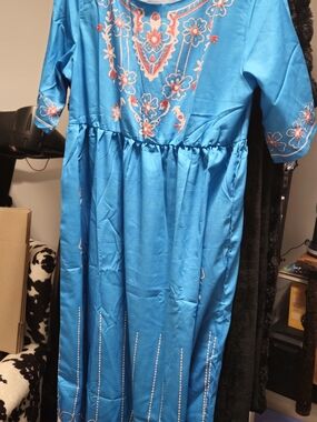 Vibrant Turquoise Embroidered Maxi Dress